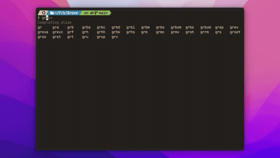 Grove CLI tab completion stepping through commands, configured agents, model names, workspace ids, branches and recorded sessions