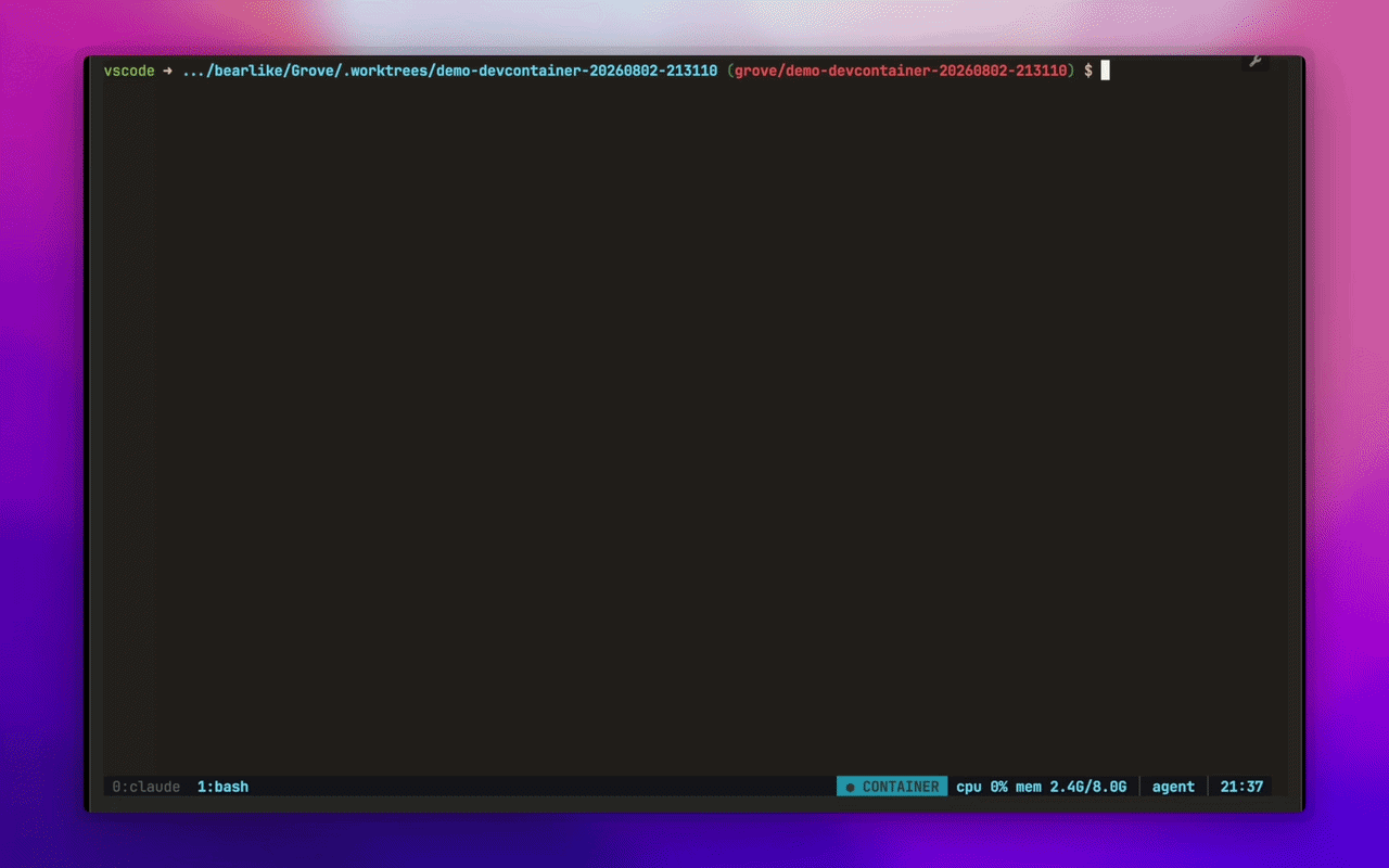 Grove creating a workspace with the Container runtime, then running Claude Code inside its devcontainer under visible CPU and memory limits