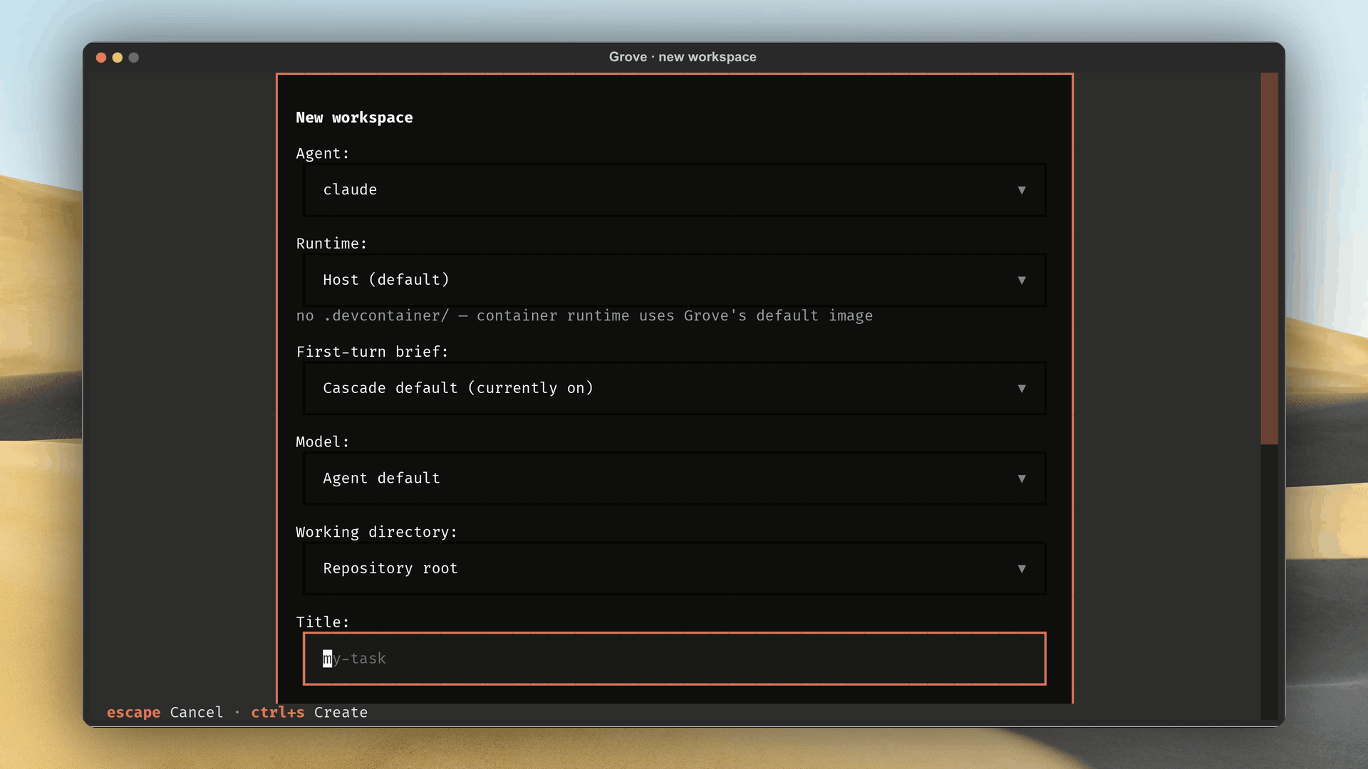 Create workspace modal