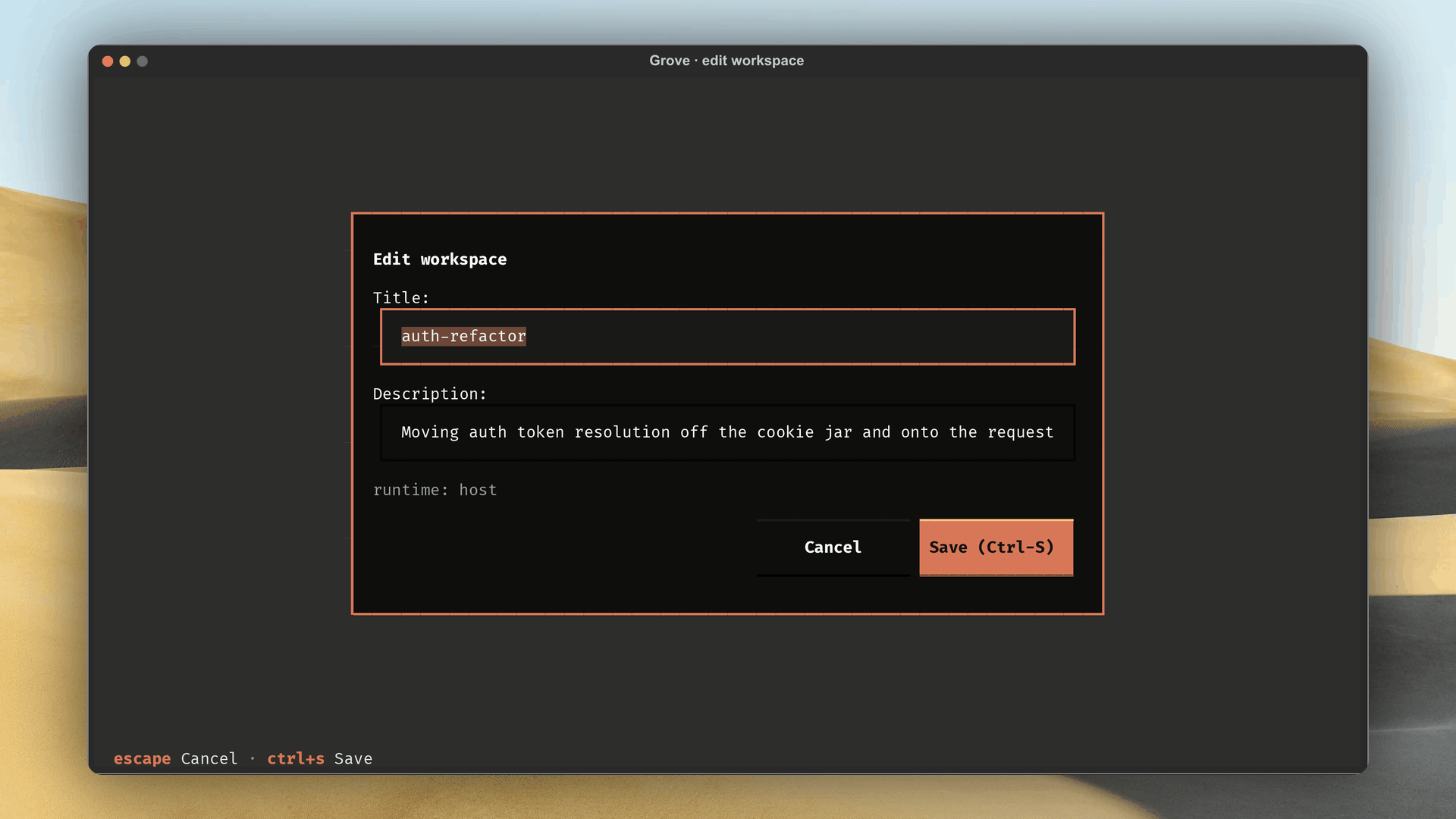 Edit workspace modal with title and description fields