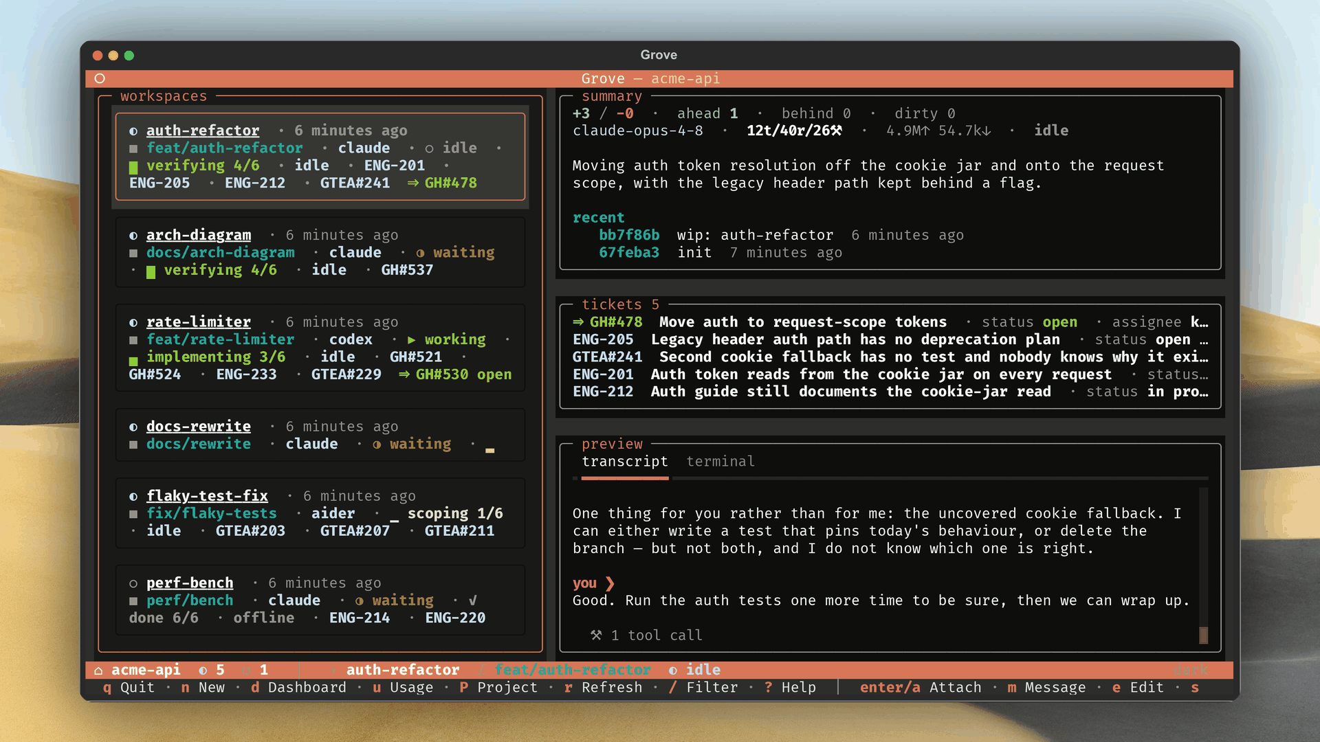 Grove's terminal UI showing four workspaces in mixed states beside a live peek rail