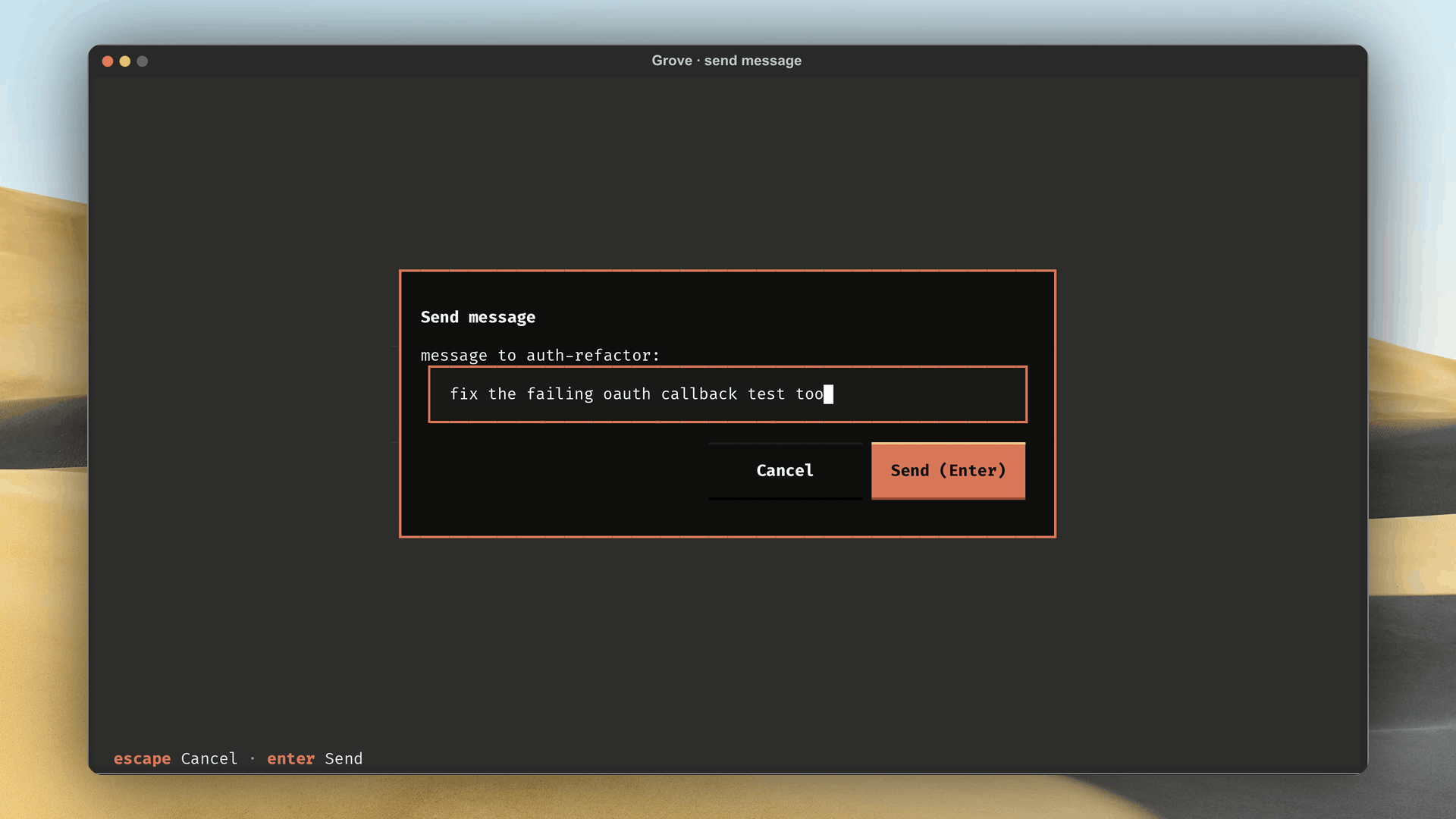 Send-message modal with a follow-up typed to a running agent
