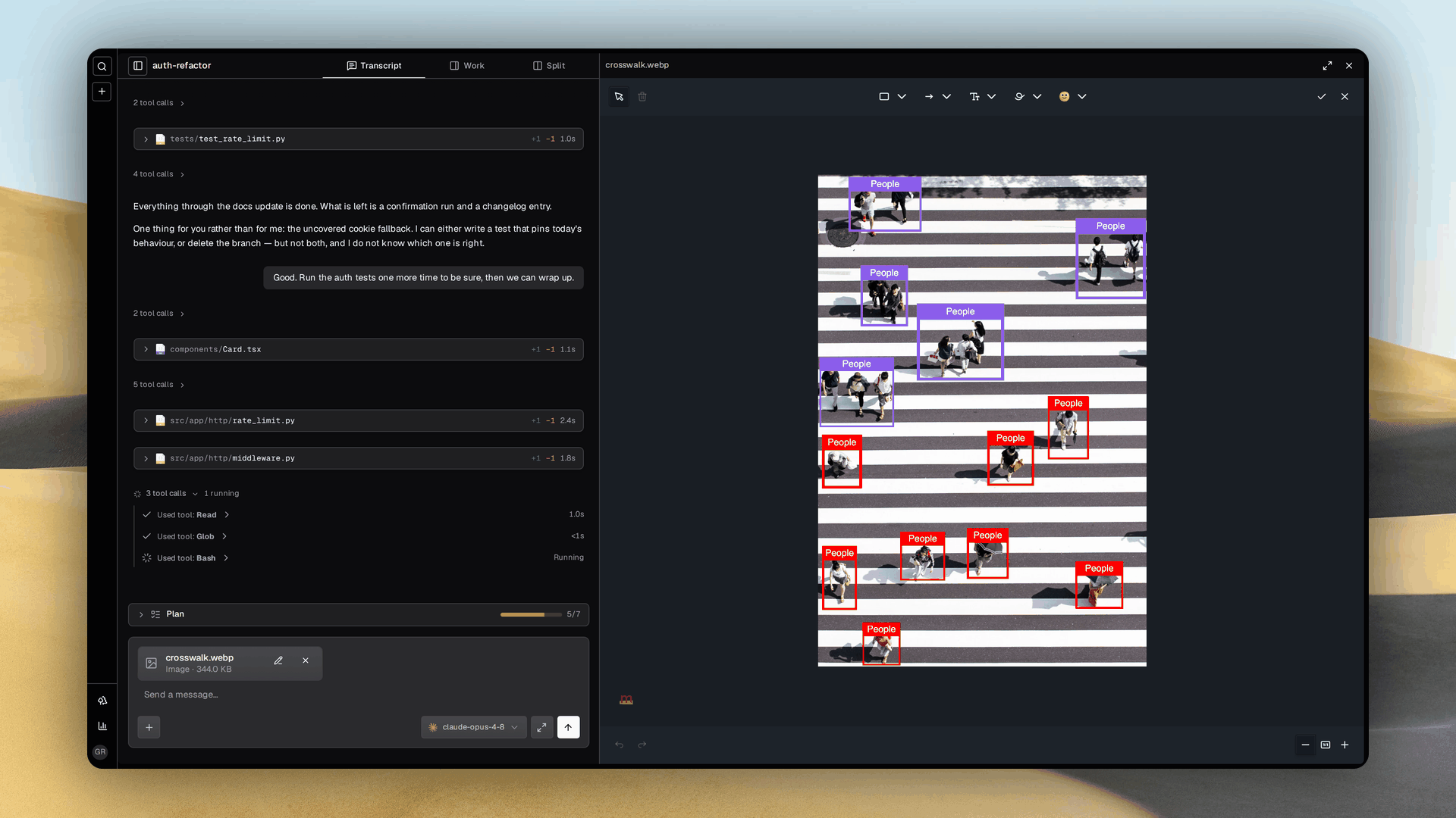 A Grove workspace page with the agent transcript on the left and the image annotation pane open beside it, holding an aerial photo of a crosswalk with every pedestrian boxed and labelled in the marker.js editor