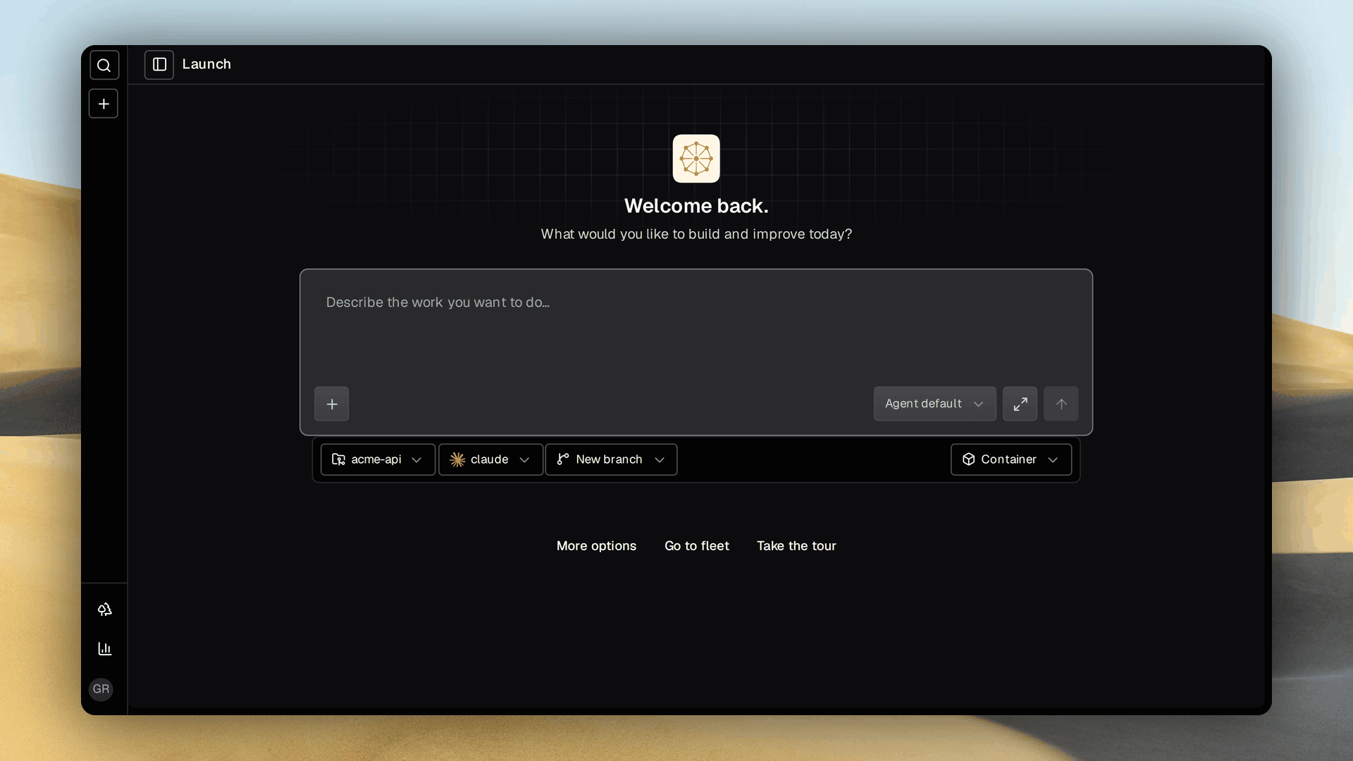 Grove's web dashboard on its launch page: a composer for describing a task, with pills for the project, working directory, agent, runtime and branch