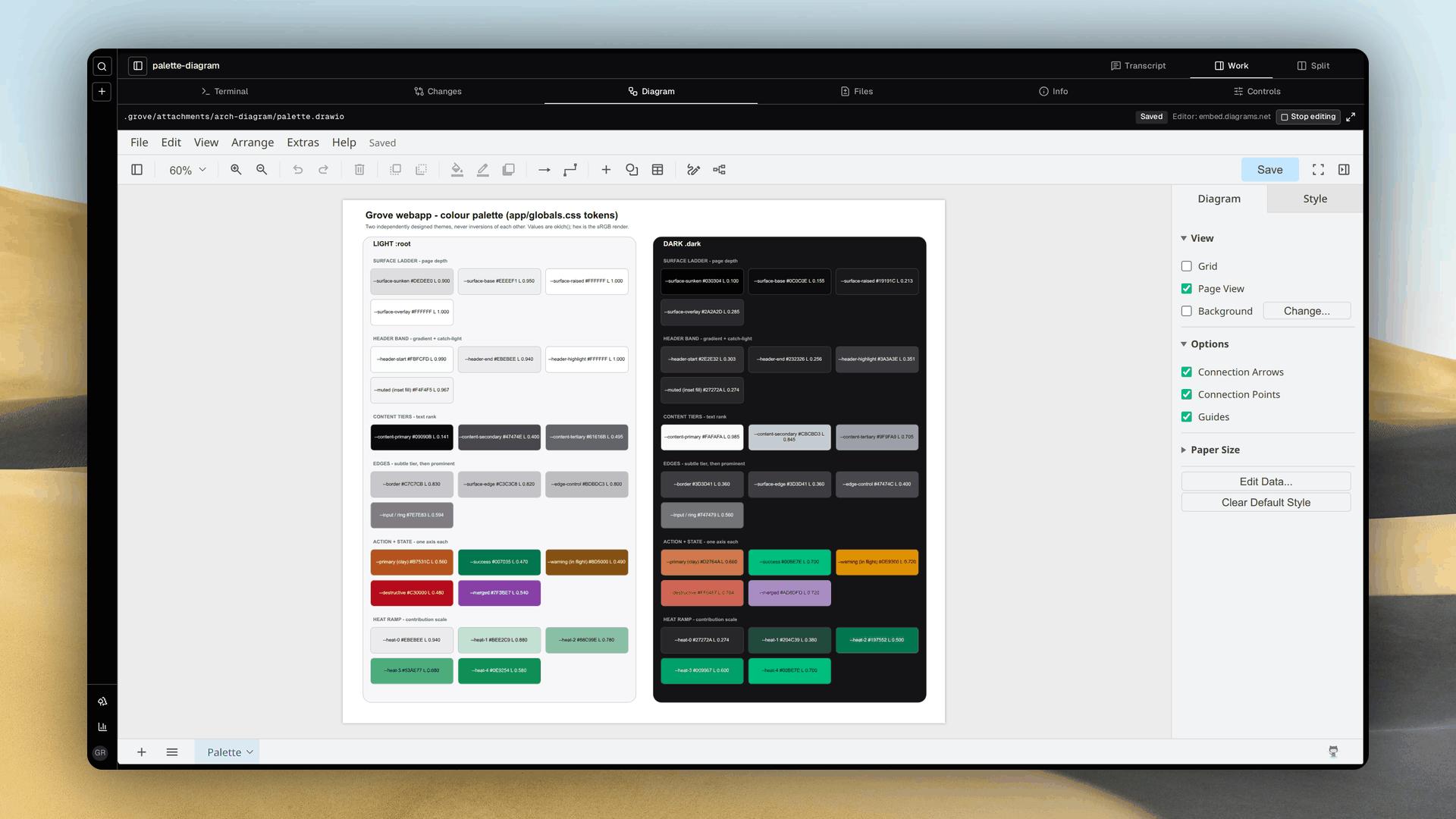 The Diagram tab filling a Grove workspace's work pane, rendering a colour palette board an agent drew in draw.io: light and dark columns of labelled swatch cards grouped by role