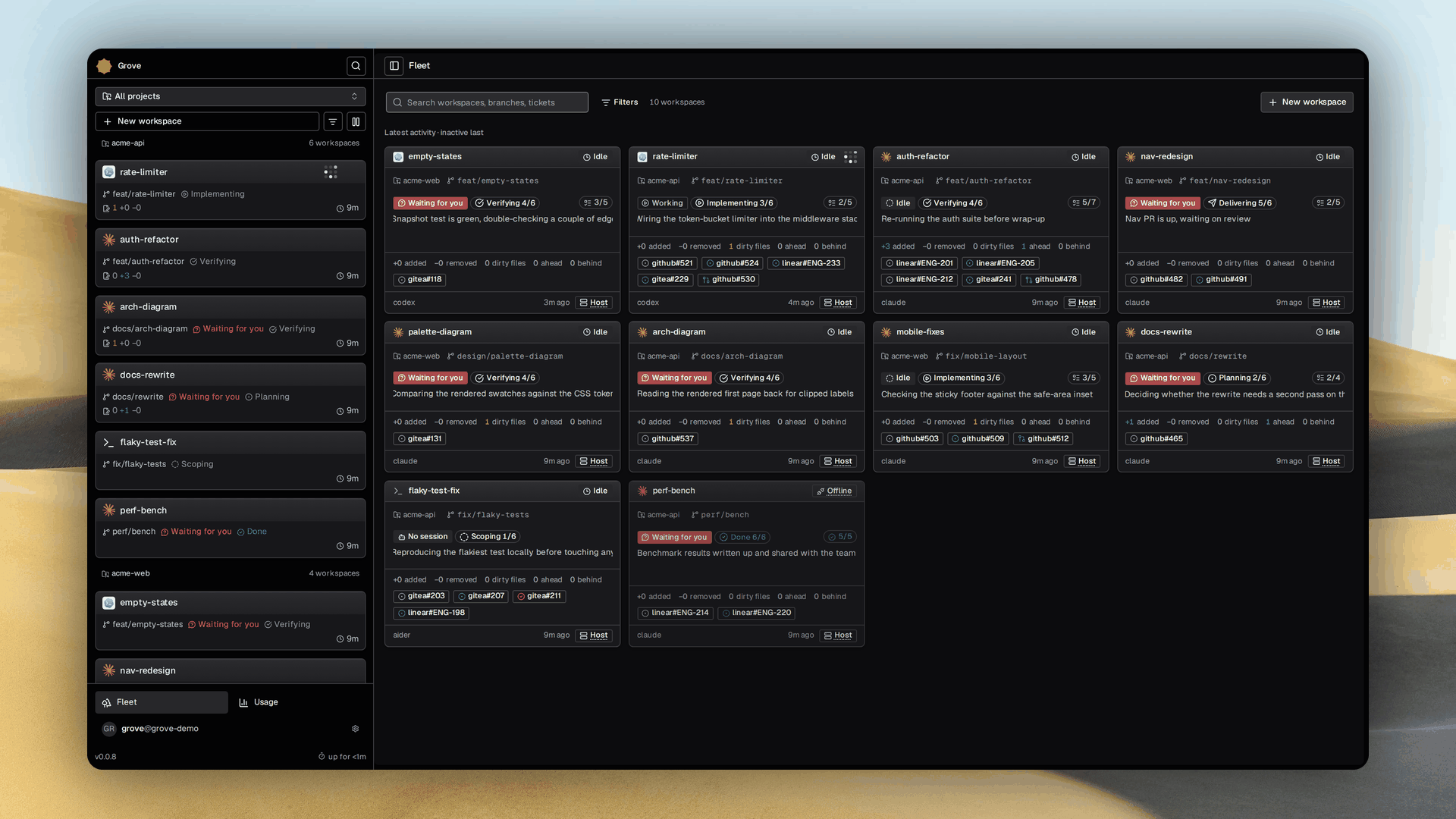 Grove's web fleet dashboard: an attention-sorted grid of workspace cards beside a session rail listing every workspace by recency