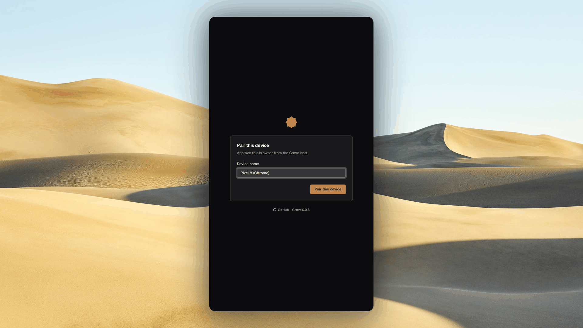 Web dashboard pairing screen with a device-name field