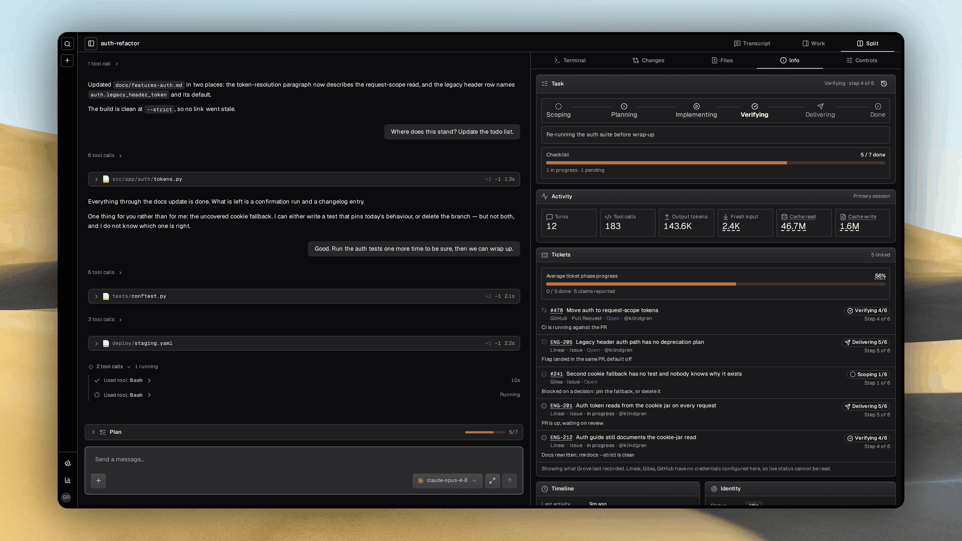 A Grove workspace page with an agent transcript in the center and the work panel open beside it to show branch, model, runtime and ticket details